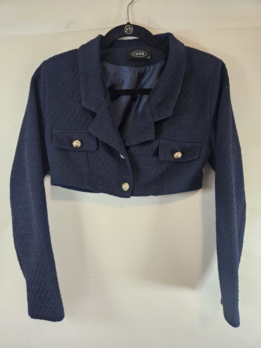 Cider Navy Cropped Bouclé Blazer with Gold-Tone Buttons Textured Business Casual